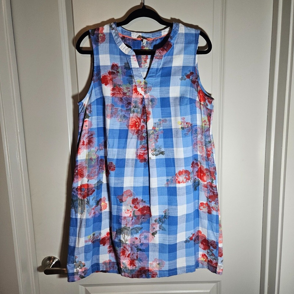 Joules Sleeveless Dress Size 10 Cotton Linen Floral Print White Blue‎ Plaid